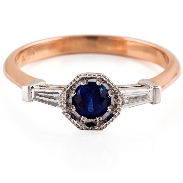 Art Deco Dark Round Sapphire & Tapered Baguette Diamond Ring in Two Tone Gold