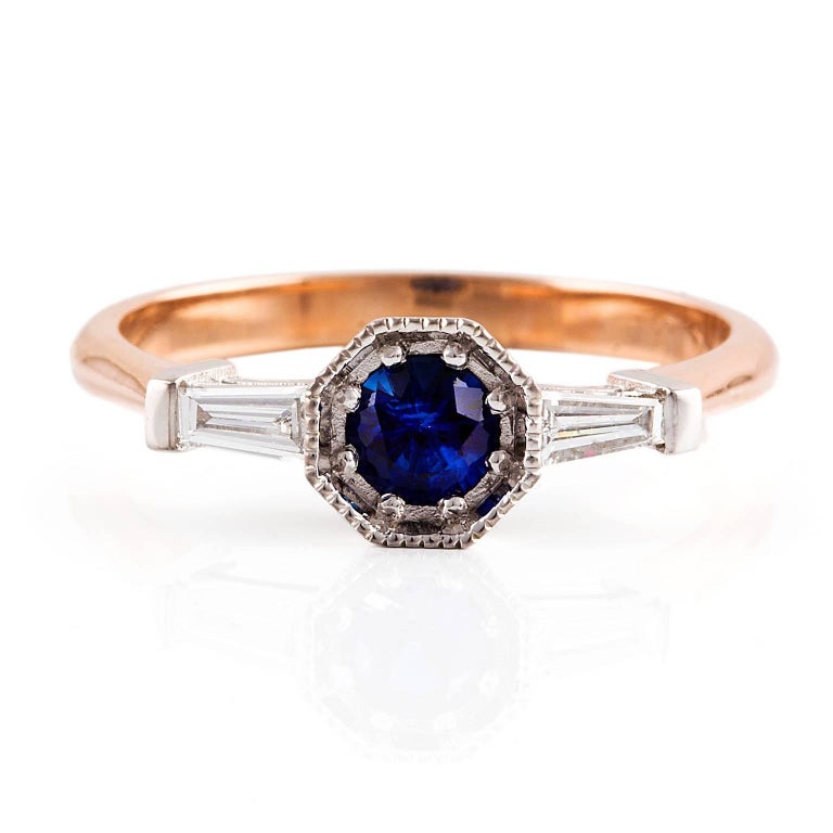Art Deco Dark Round Sapphire & Tapered Baguette Diamond Ring in Two Tone Gold